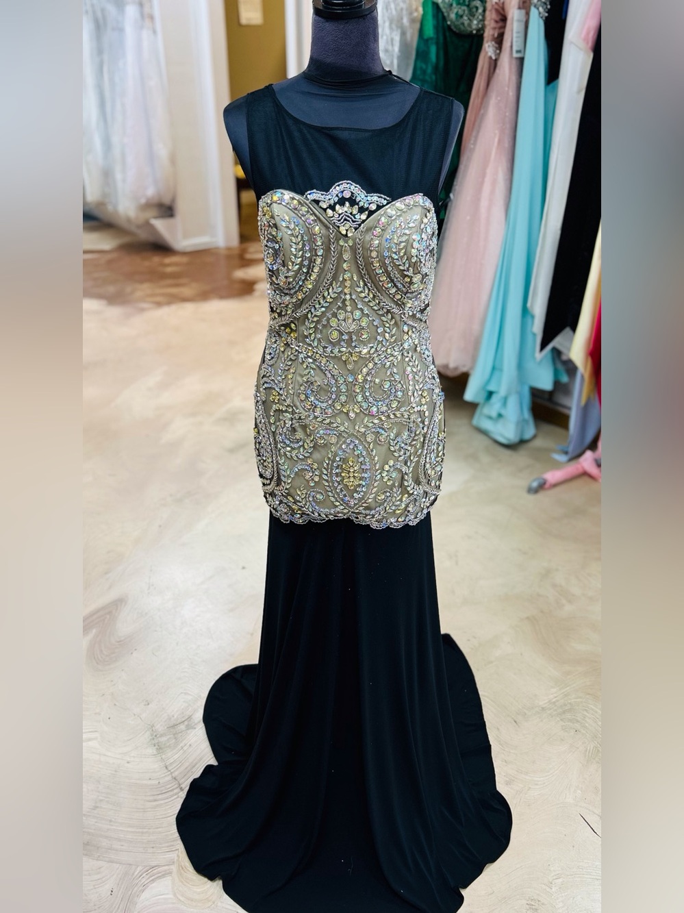 Black Evening Gown with Gold Beaded Corset Bodice